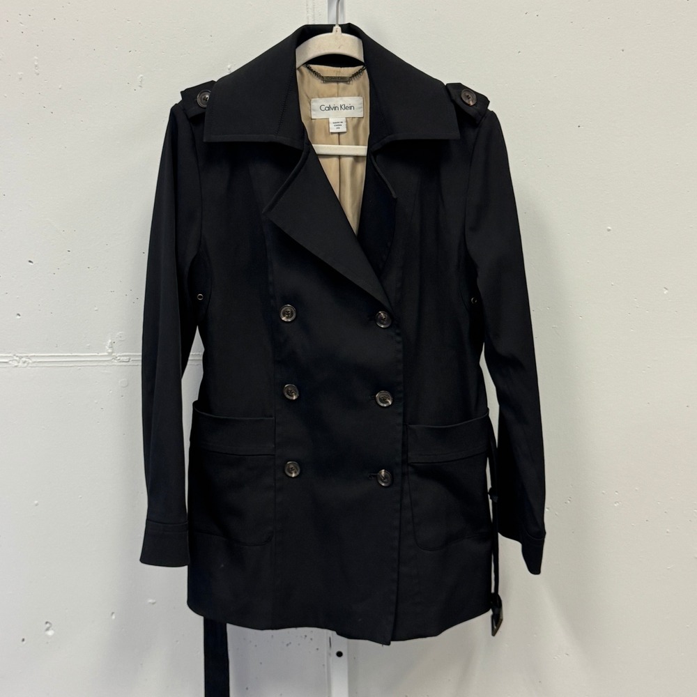 Calvin Klein Black Double Breasted Belted Trench Coat Jacket XS Epaulettes - Picture 2 of 15